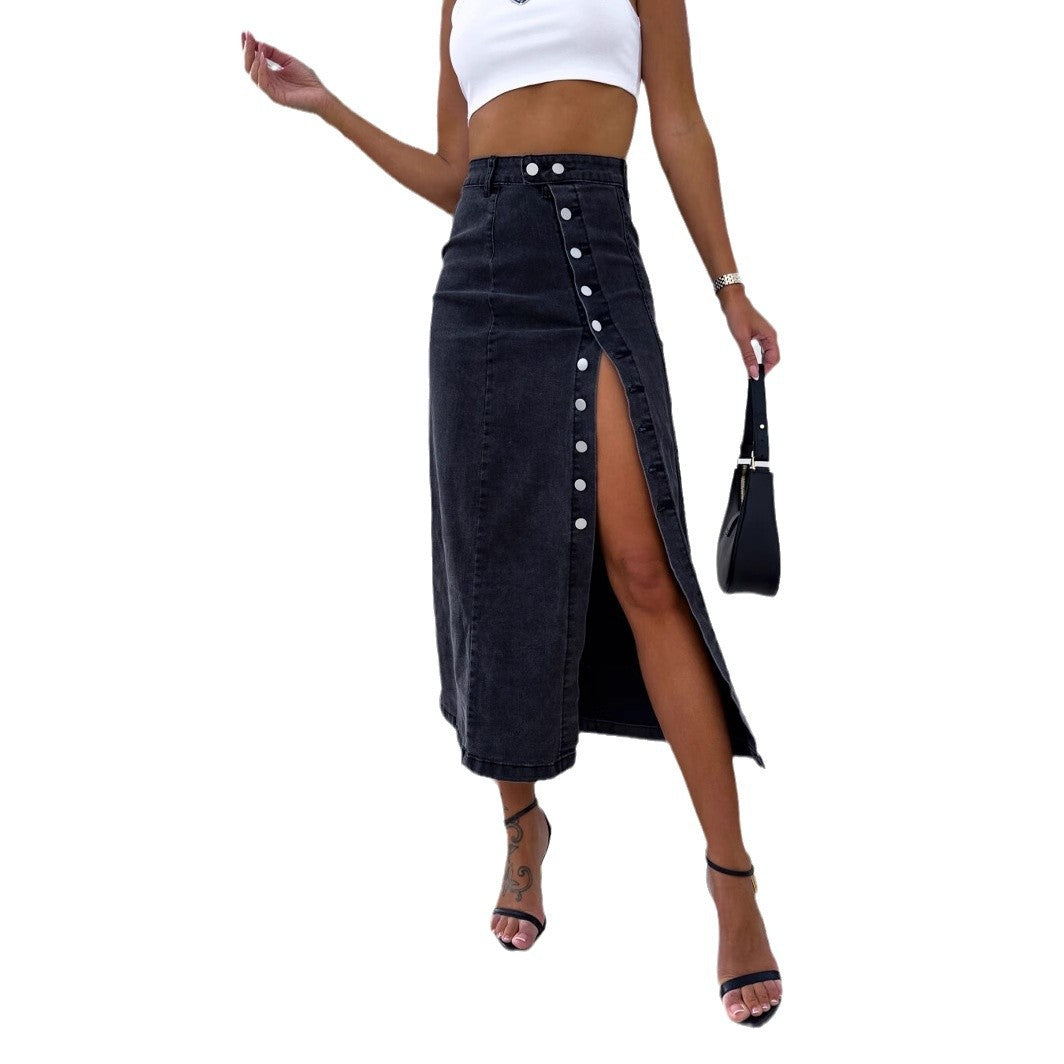Damen Langer Jeansrock mit seitlichem Schlitz und modischen Knopfdetails Drune