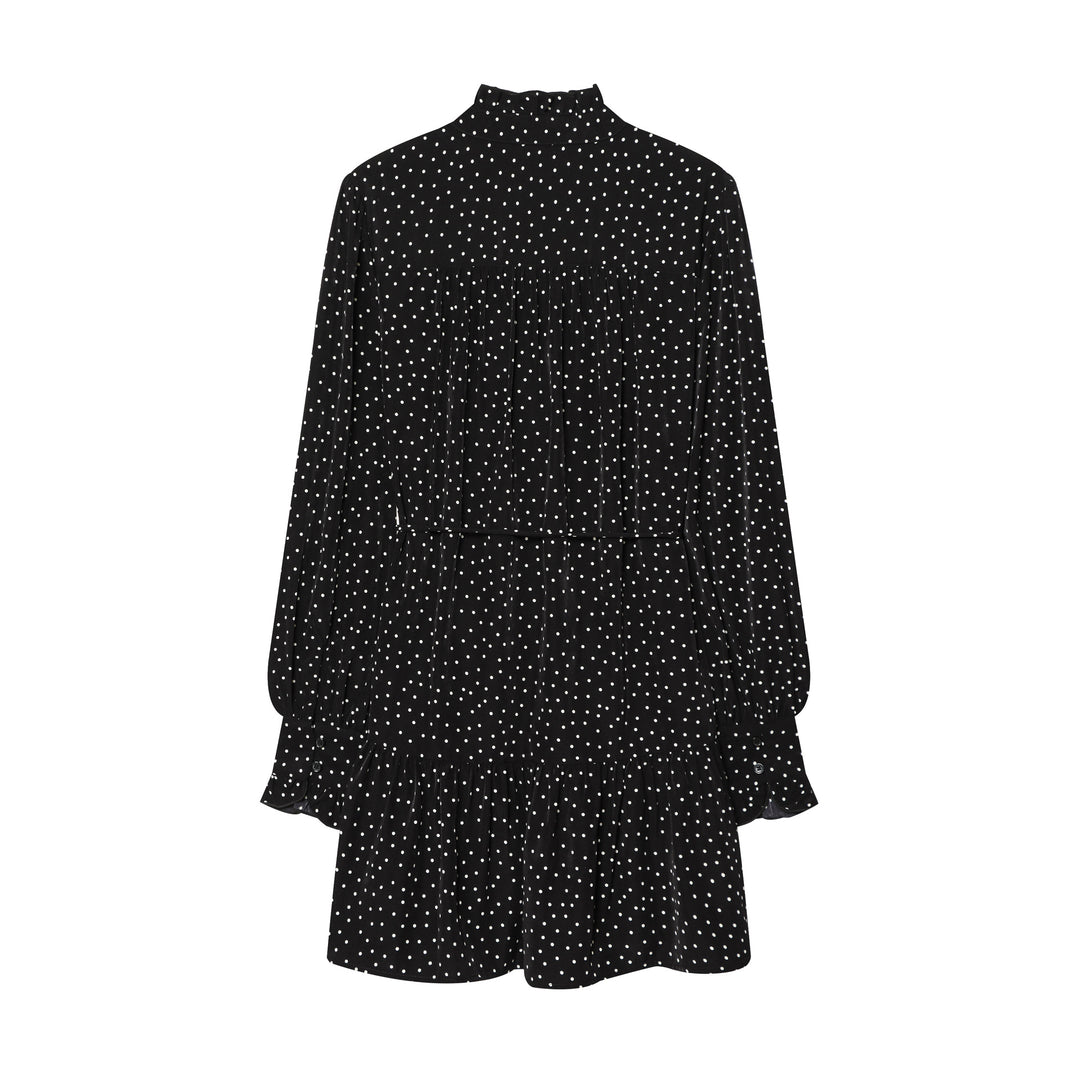 Damen nan gepunktetes Midikleid mit Rüschenblende, Taillenzug und stufigem Volantrock Drune