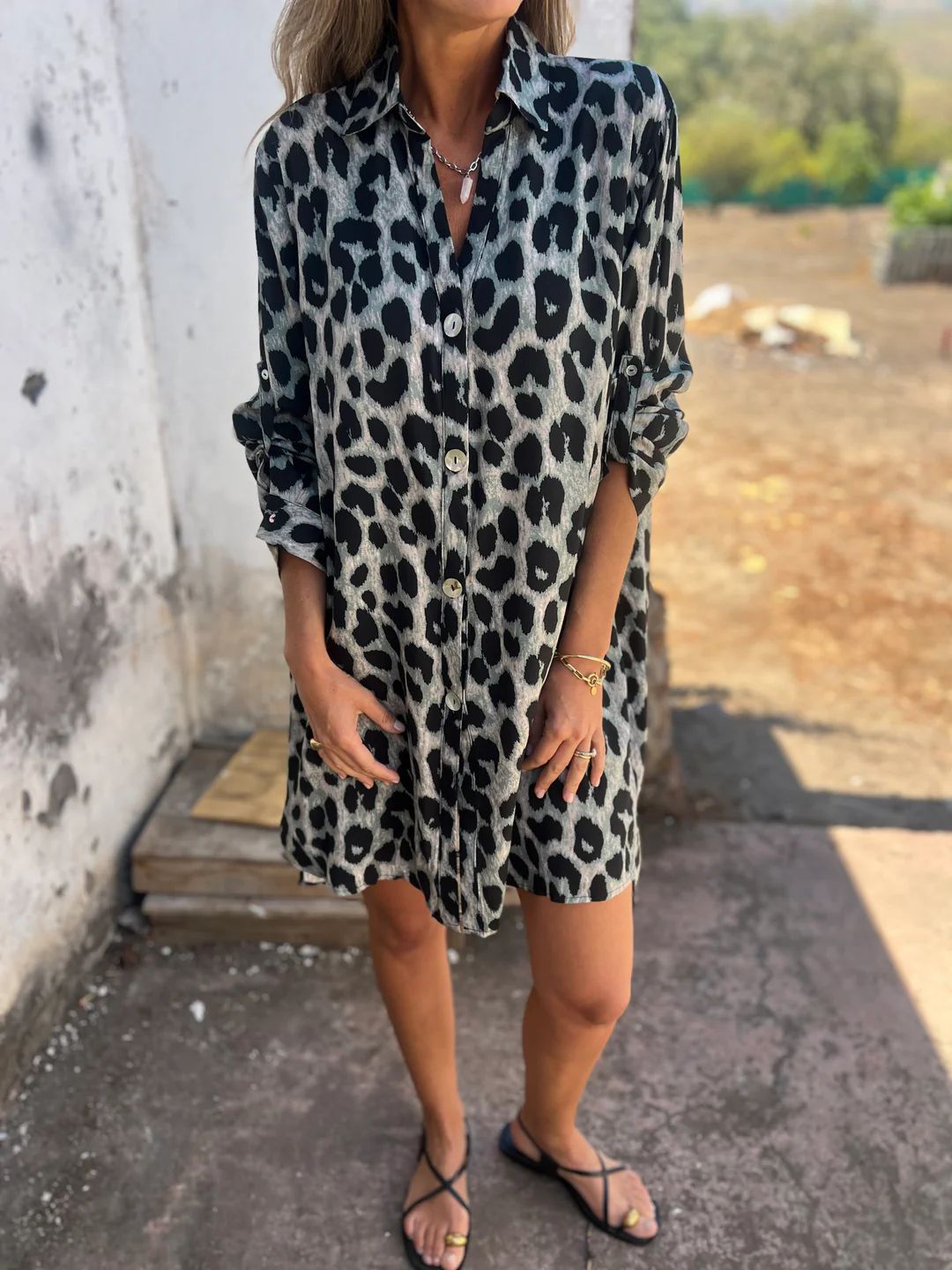 Damen Knopfleiste Leopardenmuster Hemdkleid Drune