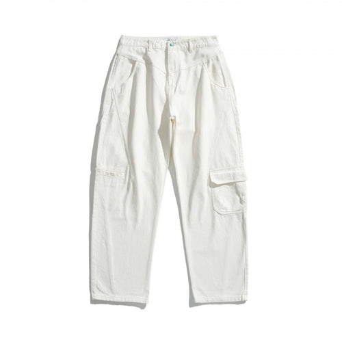 Unisex Weite Utility-Cargo-Hose aus robustem Baumwoll-Denim mit hoher Taille und Klappentaschen Drune
