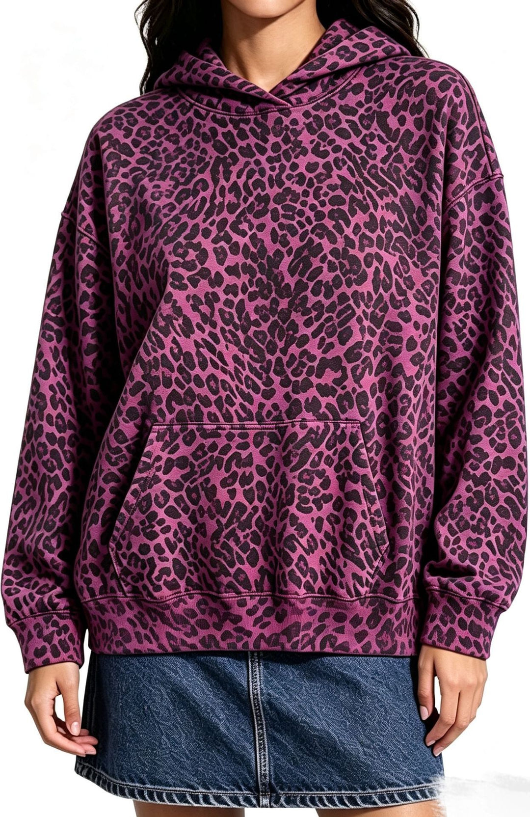 Damen Oversize-Kapuzenpullover mit Leomuster, Kängurutasche und überschnittener Schulter Drune