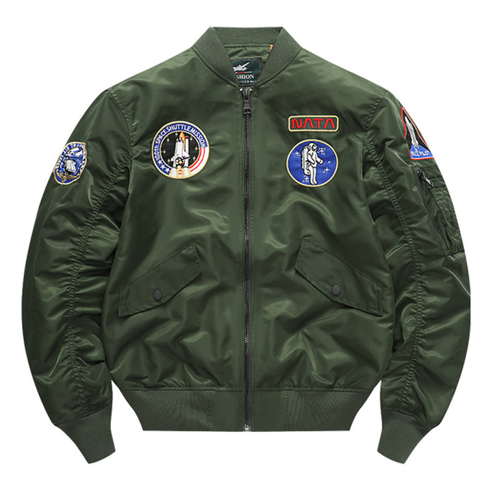 Men's  retro space-mission nylon flight jacket with insulated lining and sleeve zipper pocket Drune