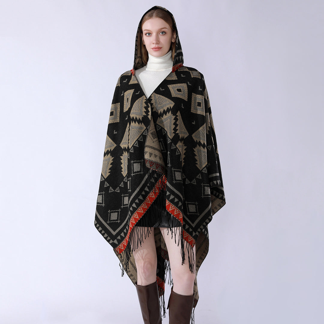 Damen Zweilagiger Kapuzen-Überwurf mit asymmetrischem Fransensaum und geometrischem Jacquard Drune