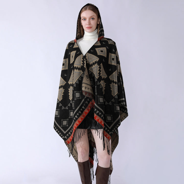 Damen Zweilagiger Kapuzen-Überwurf mit asymmetrischem Fransensaum und geometrischem Jacquard Drune