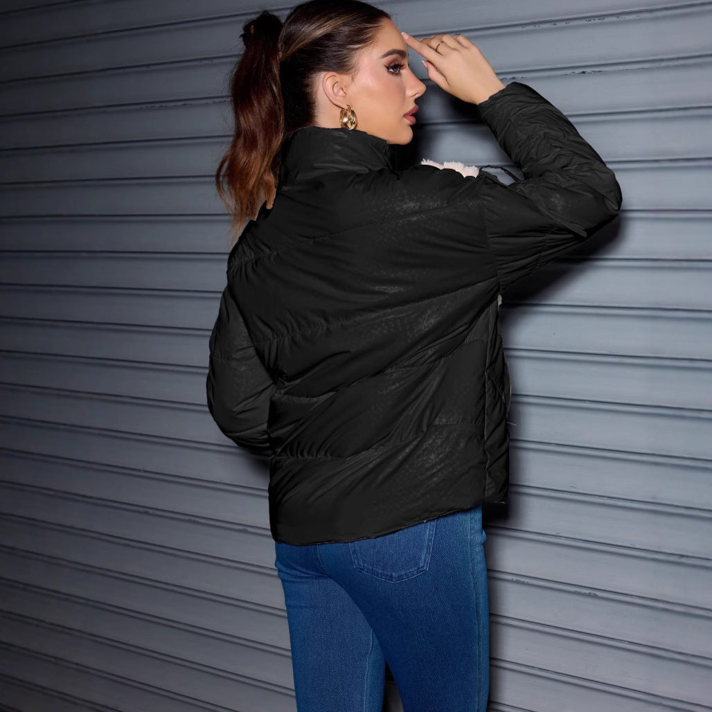 Damen Wattierte Steppjacke mit Kunstfell-V‑Einsatz, Stehkragen & Reißverschluss Drune