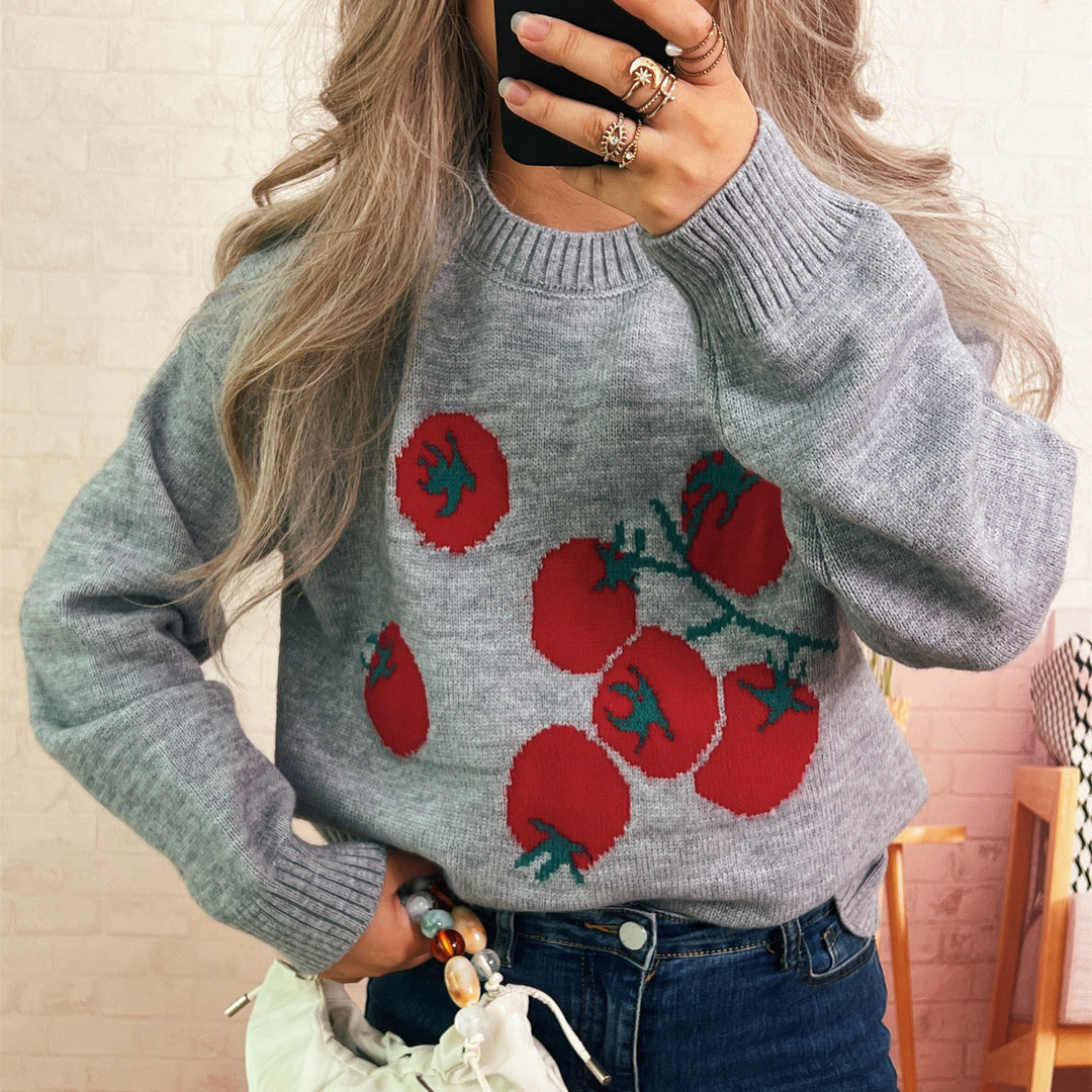 Damen Strickpullover mit verspieltem Tomatenmotiv und lässigem Schnitt Drune