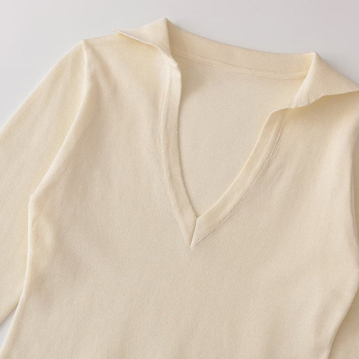 Damen Feinstrick-Longsleeve mit tiefem V-Ausschnitt und Hemdkragen Drune
