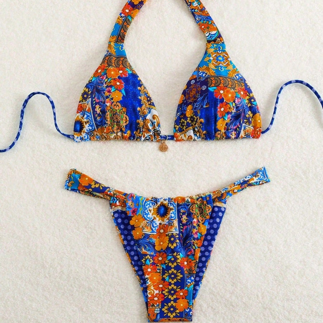Damen Triangel-Bikini mit floralen Mustern und verspielten Bindebändern Drune