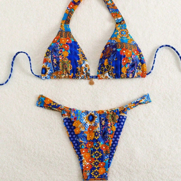 Damen Triangel-Bikini mit floralen Mustern und verspielten Bindebändern Drune
