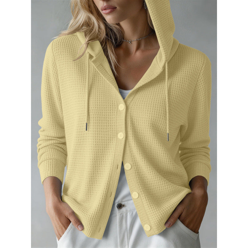 Damen Kapuzen-Strickjacke mit Waffelstruktur und Knopfleiste Drune