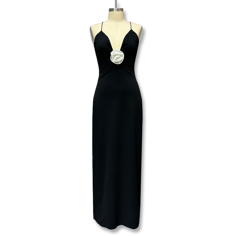 Damen Elegantes Maxikleid mit tiefem V-Ausschnitt und zarter Blumenapplikation Drune