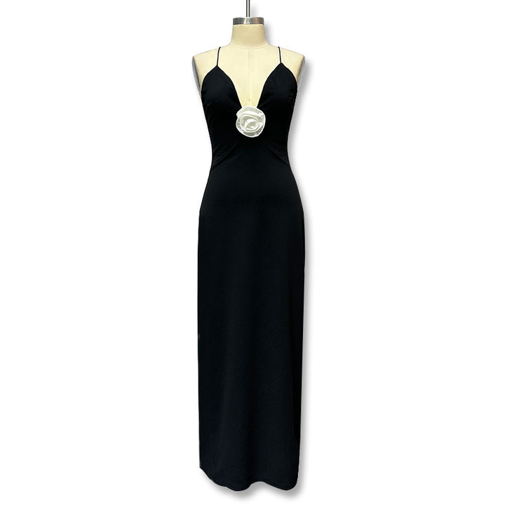 Damen Elegantes Maxikleid mit tiefem V-Ausschnitt und zarter Blumenapplikation Drune
