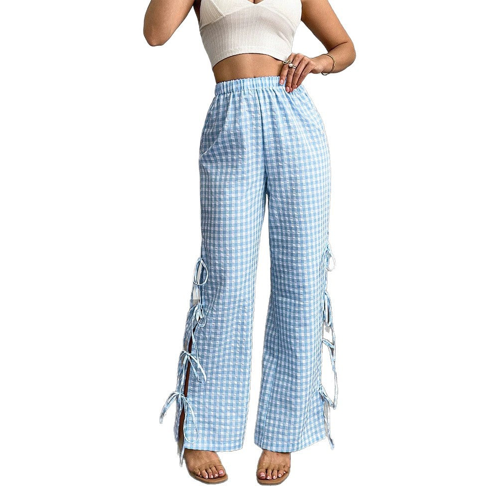 Damen High‑Waist Leinenoptik-Hose mit Gingham-Karo, weitem Bein & seitlichen Bändchen-Details Drune