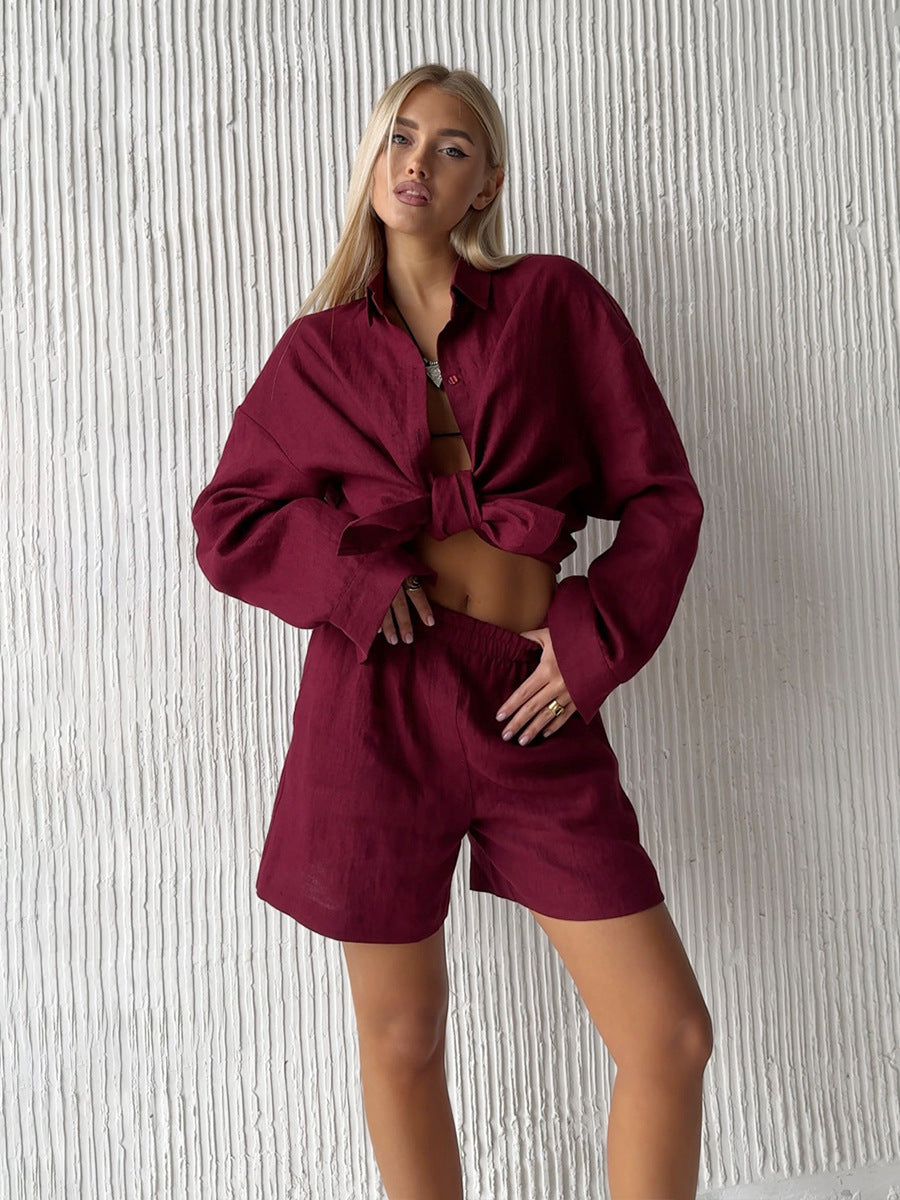 Damen lässige Leinenbluse und Shorts Set Drune