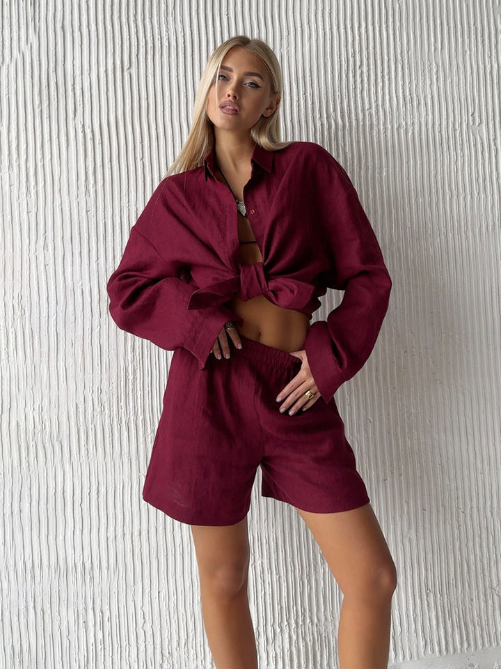 Damen lässige Leinenbluse und Shorts Set Drune