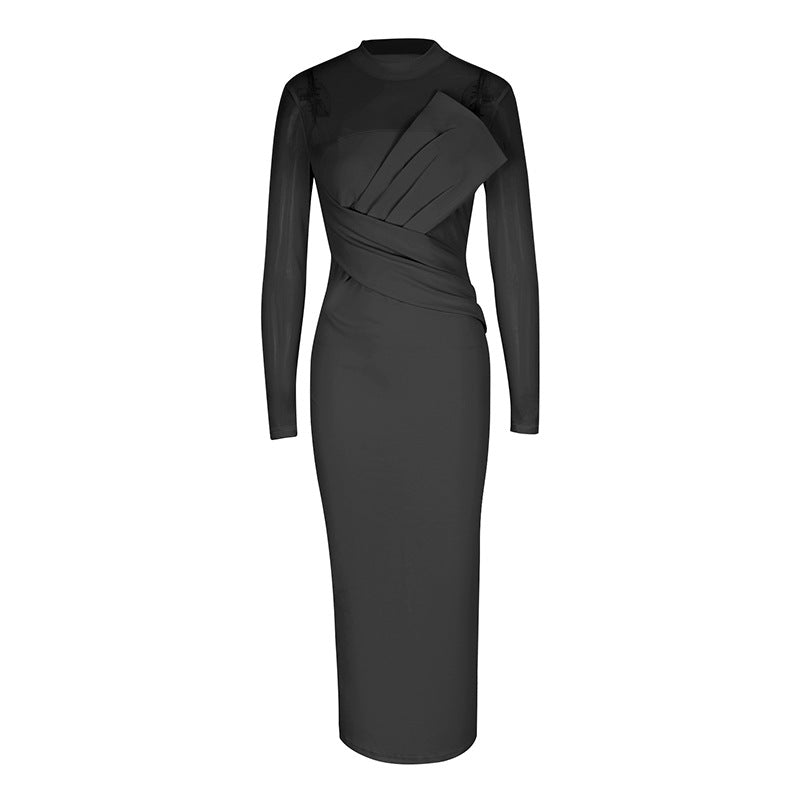 Damen Elegantes Langarm-Midi-Kleid mit raffinierter Drapierung und figurbetonter Silhouette Drune