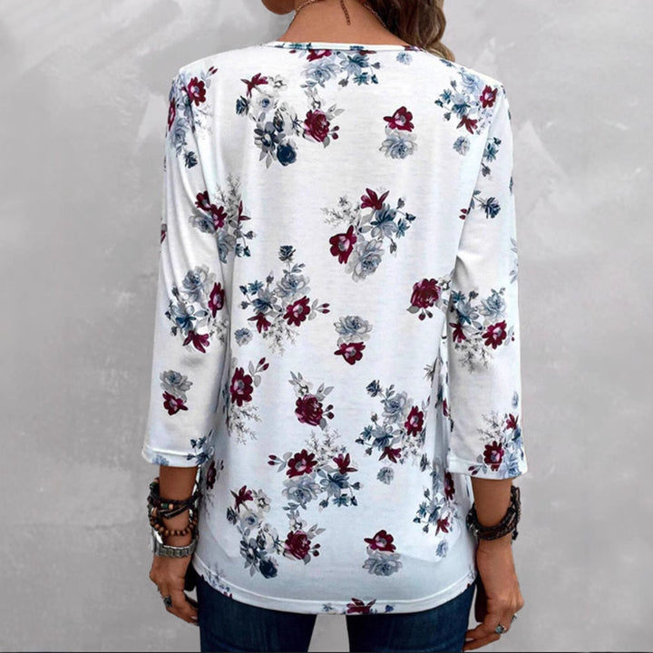 Damen nan florale Tunika-Bluse mit Kellerfalten und Zierknopfleiste Drune