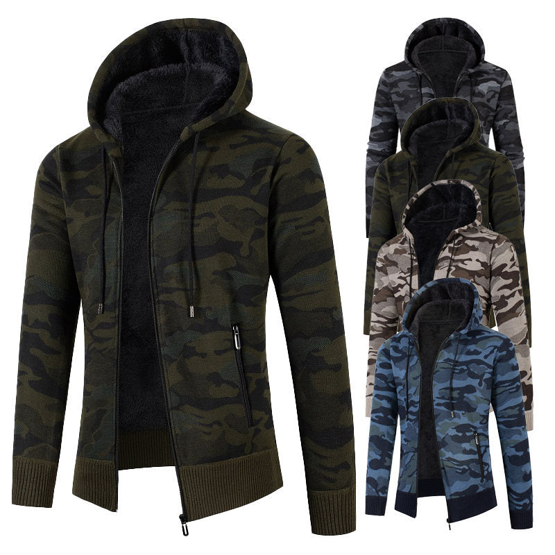 Herren Kapuzen‑Strickjacke mit Teddyfutter, Reißverschluss und Camouflage‑Struktur Drune