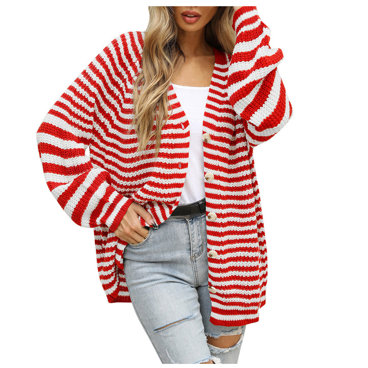 Damen gestreifte oversized Strickjacke mit V-Ausschnitt und Knopfleiste Drune