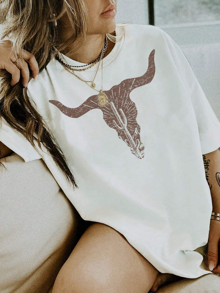 Damen T-Shirt mit künstlerischem Skelettmotiv und einzigartigem Druck Drune