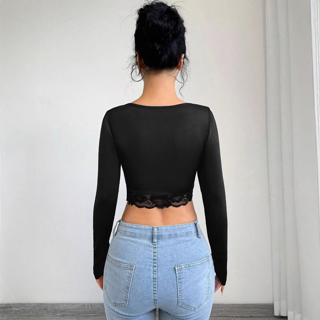 Damen nan tailliertes Langarm-Crop-Top mit tiefem V-Ausschnitt, Raffung und Spitzensaum Drune