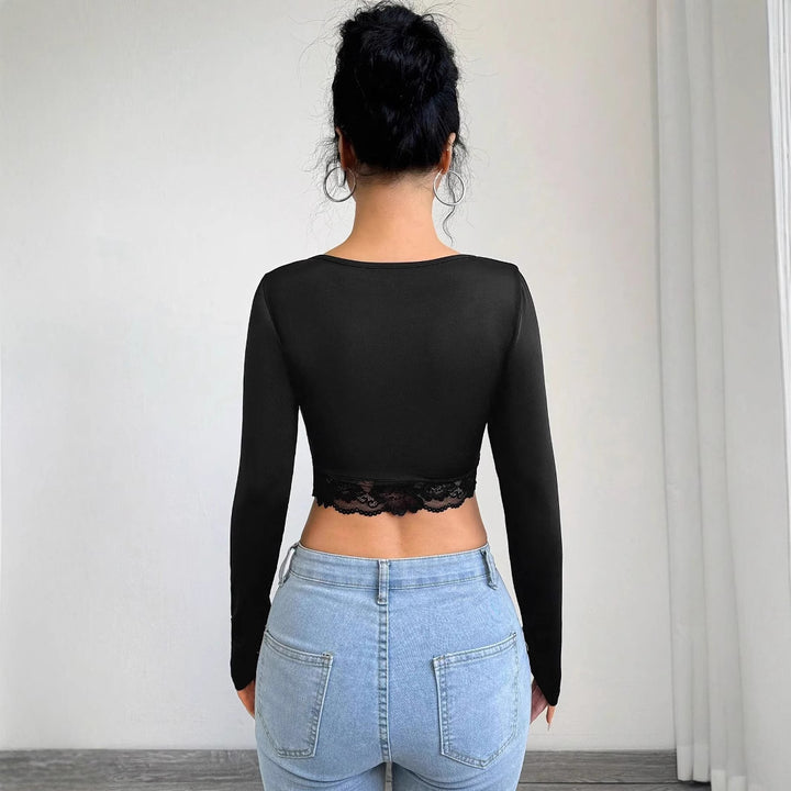 Damen nan tailliertes Langarm-Crop-Top mit tiefem V-Ausschnitt, Raffung und Spitzensaum Drune