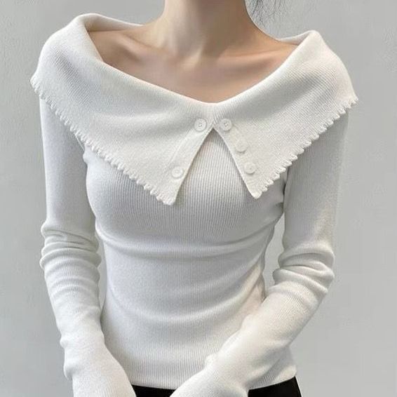 Damen Eleganter Pullover mit weitem Kragen und Knopfdetails Drune