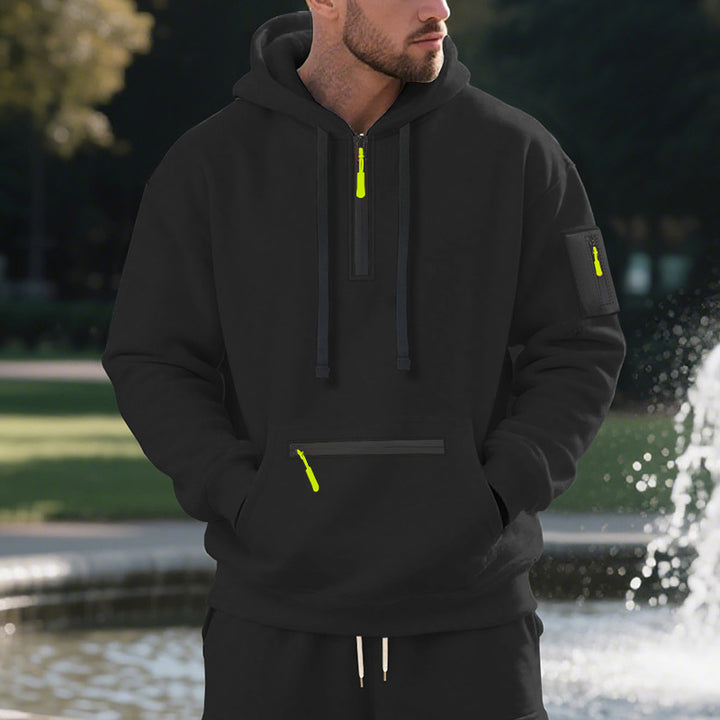 Herren Oversize-Kapuzenpullover mit halbem Reißverschluss, Kängurutasche mit Reißverschluss und Ärmel-Pocket Drune