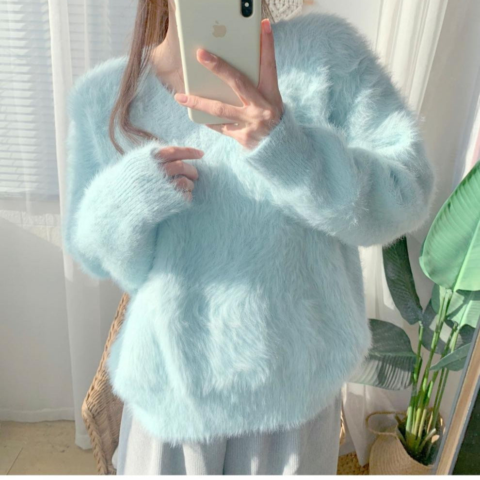 Damen Flauschiger V-Ausschnitt Pullover mit weichem Material und lässigem Schnitt Drune