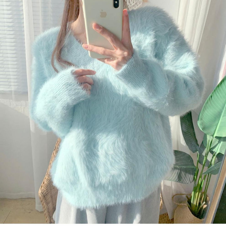 Damen Flauschiger V-Ausschnitt Pullover mit weichem Material und lässigem Schnitt Drune