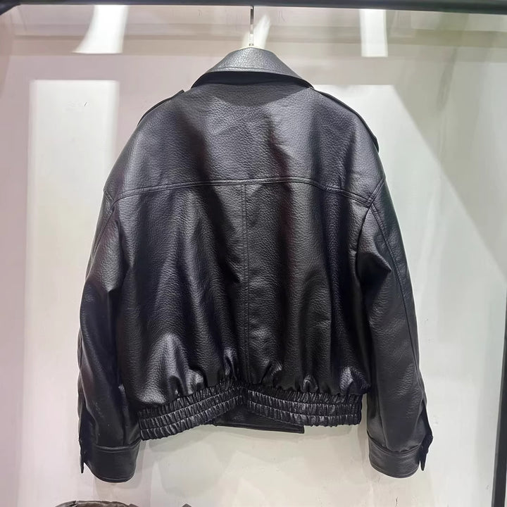Damen nan cropped zweireihiger Kunstleder-Blouson mit breitem Revers und elastischem Saum Drune