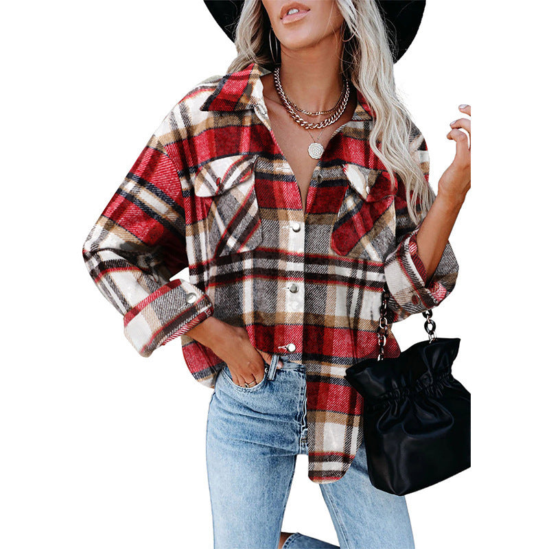 Damen karierte Flanelljacke mit praktischen Taschen und lässigem Schnitt Drune