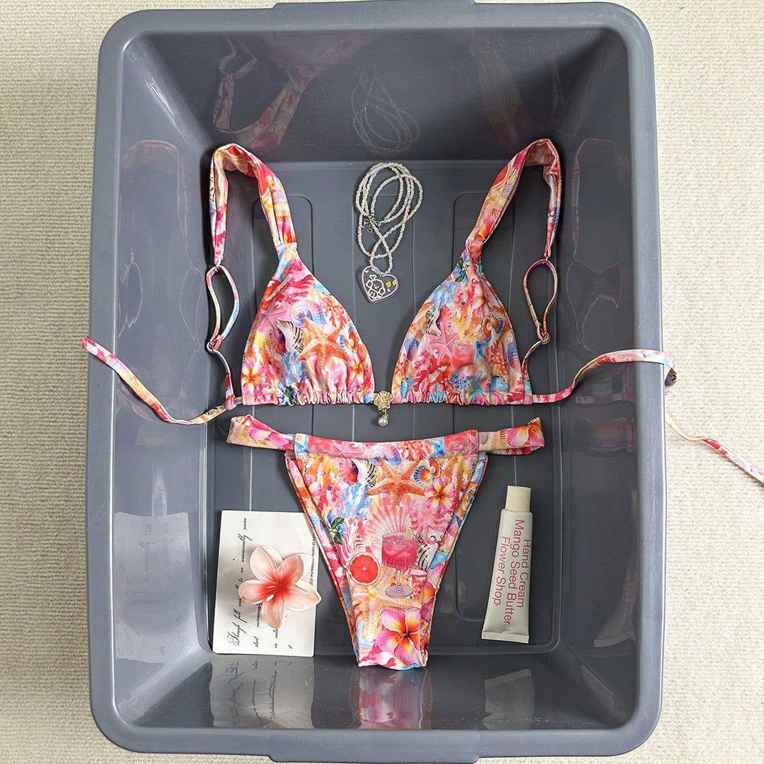 Damen Floral-Design Triangel-Bikini mit verstellbaren Trägern Drune