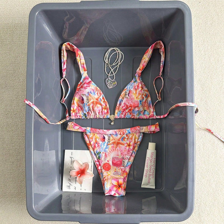 Damen Floral-Design Triangel-Bikini mit verstellbaren Trägern Drune