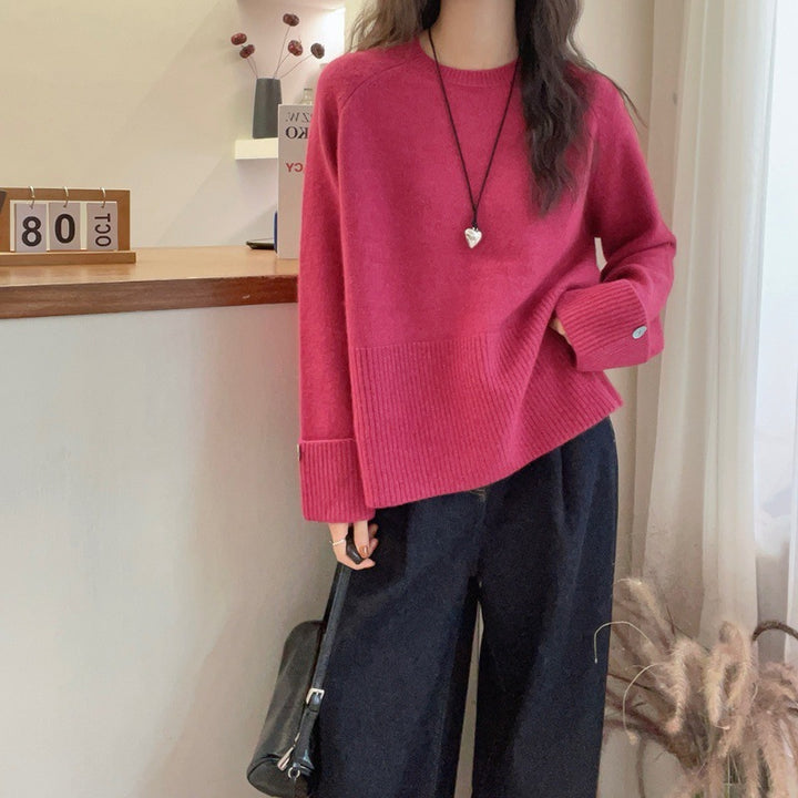 Damen Oversize‑Feinstrickpullover mit breitem Rippbund, extraweiten Ärmelabschlüssen und Zierknopf Drune