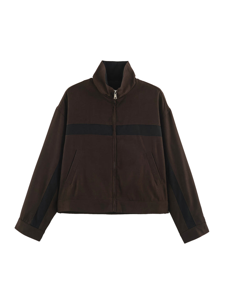 Damen Boxy-Cropped-Übergangsjacke mit Stehkragen, kontraststreifen und Eingrifftaschen Drune