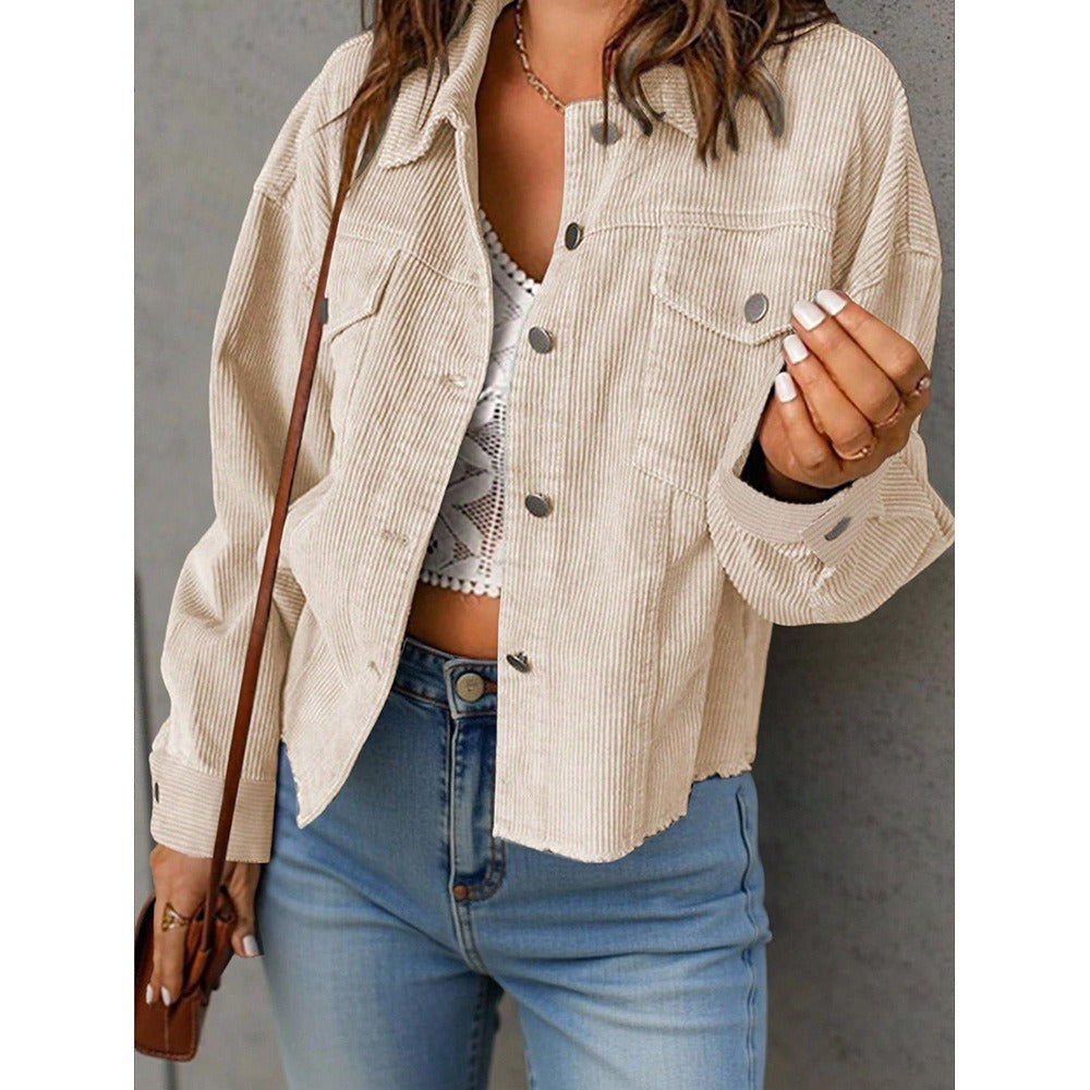Damen Kurzjacke aus Cord mit Oversize-Passform, Brusttaschen und Druckknopfleiste Drune