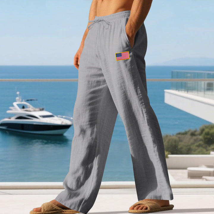 Herren Maritime Relaxed‑Fit Leinenoptik-Freizeithose mit Tunnelzug & Flaggen-Patch Drune