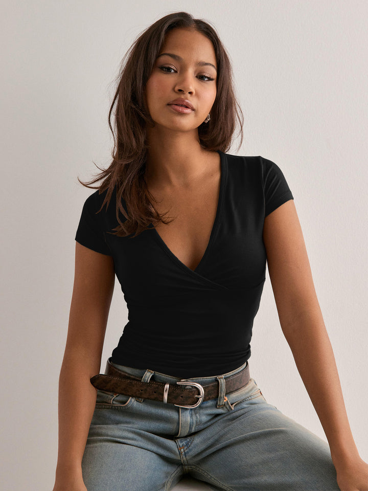 Damen Wickel-T-Shirt mit V-Ausschnitt und figurformendem Schnitt Drune