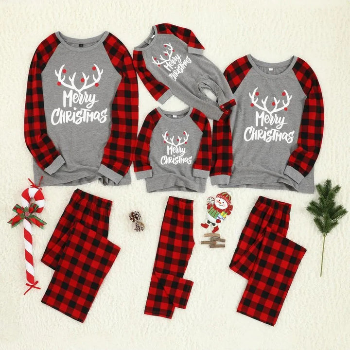 Drune | Weihnachts-Kartoon-Katzenmuster "Meowy Christmas" Buchstabenprint Kontrastoberteil und Karopants Familienpassende Pyjama-Set mit Hundebandana