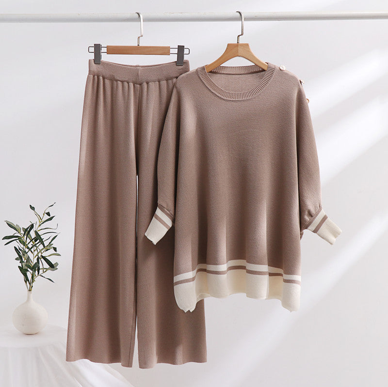 Damen lässiges Strick-Loungewear-Set mit modischem Kontrastsaum und weitem Schnitt Drune