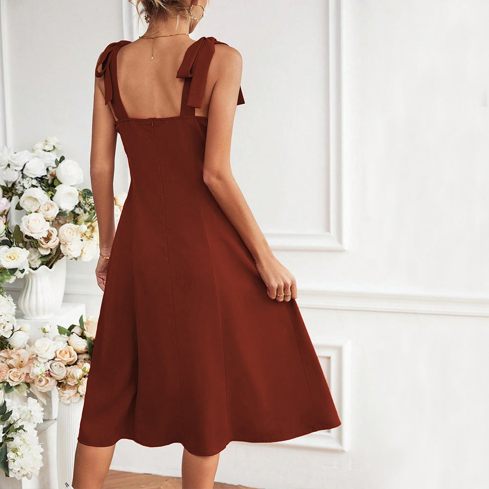 Damen elegantes Midikleid mit raffinierten Bindebändern Drune