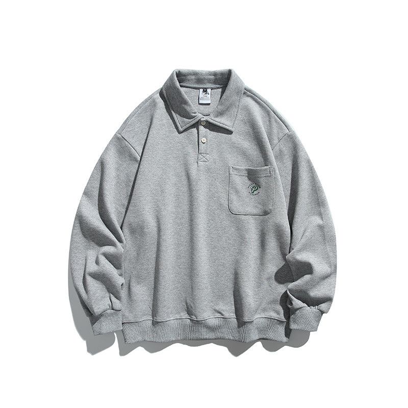 Unisex Oversize-Poloshirt-Sweatshirt mit Brusttasche und Rippsaum Drune
