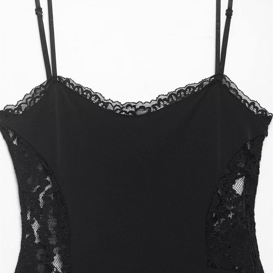 Damen Spitzen- und Satin-Kleid mit asymmetrischem Saum und verstellbaren Trägern Drune
