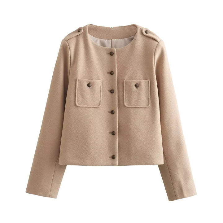 Damen nan kurze Wolloptik-Jacke mit Rundhalsausschnitt, aufgesetzten Pattentaschen und Schulterpatten Drune