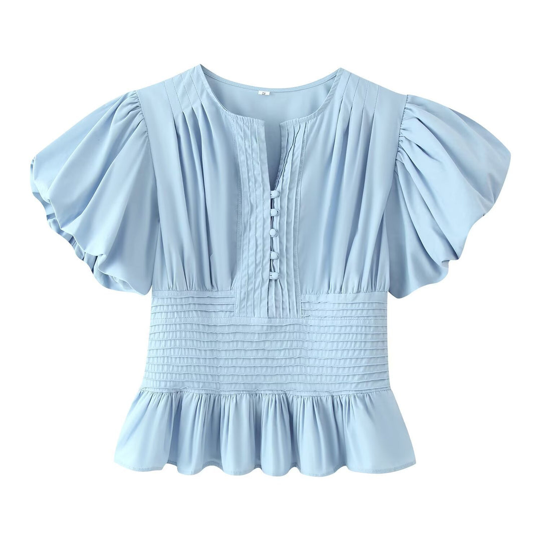 Damen Romantische Bluse mit Puffärmeln, Kellerfalten‑Blende und gesmokter Taille Drune