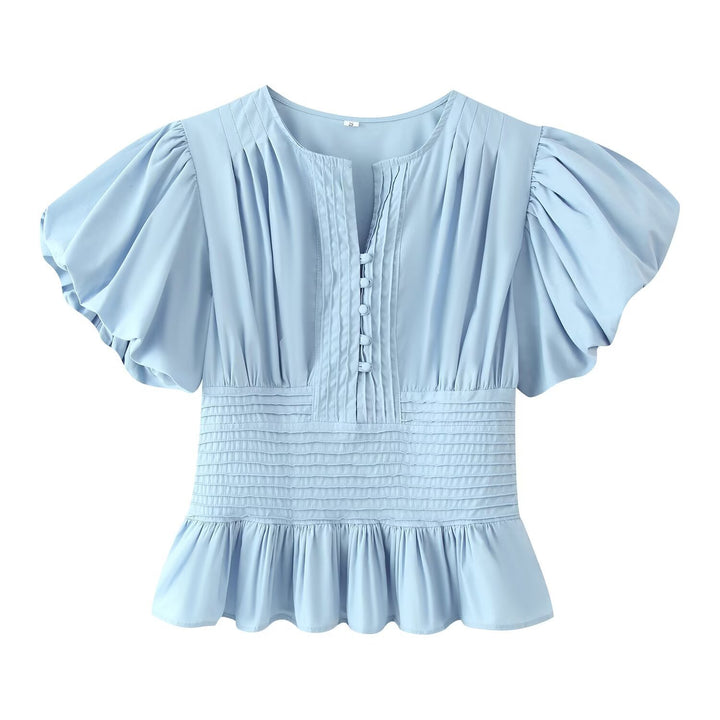 Damen Romantische Bluse mit Puffärmeln, Kellerfalten‑Blende und gesmokter Taille Drune