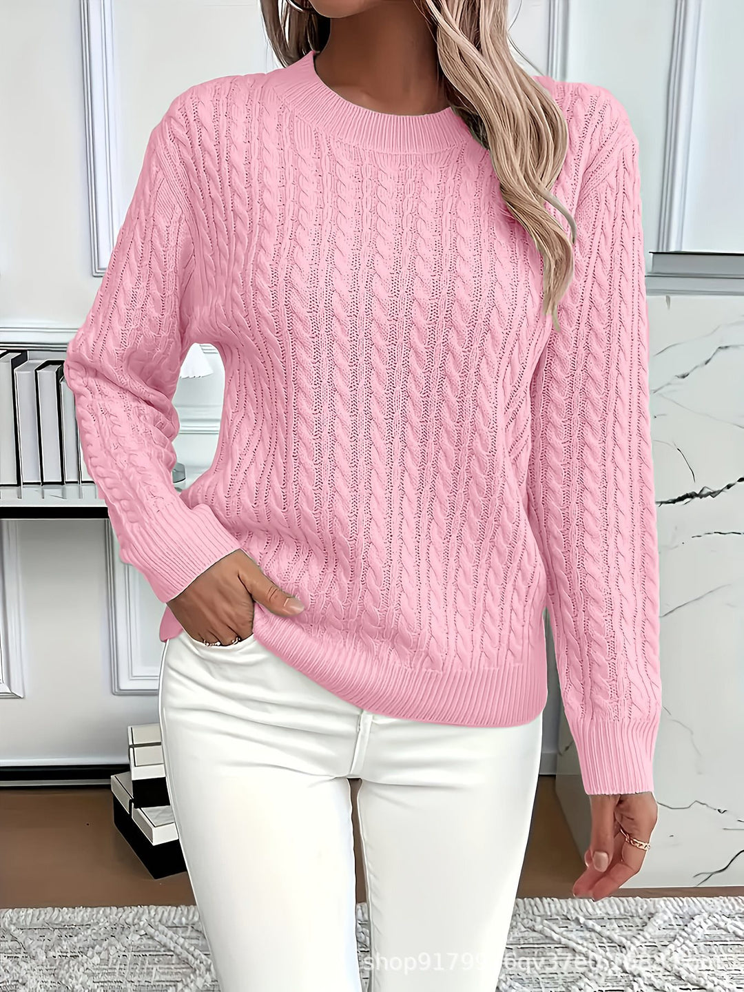 Damen Feinstrick-Pullover mit Zopfmuster und Rundhalsausschnitt Drune
