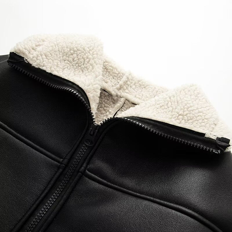 Damen modische Kunstlederjacke mit warmem Fleecefutter und praktischen Taschen Drune