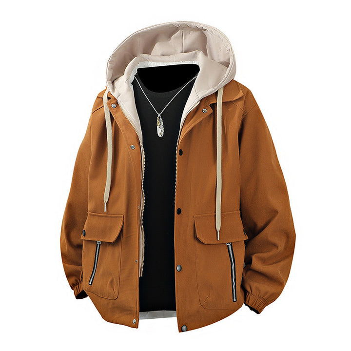 Herren  geschichtete Kapuzen Utility Parka Jacke mit kontrastierender Kapuze Innenfutter Klappe und Reißverschlusstaschen Drune